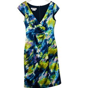 KAY UNGER silk cocktail dress watercolor print cinch waist Sheath V-neck sz4